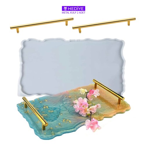 Epoksi Tepsi Kalıbı Dikdörtgen Tepsi Kalıbı Dalgalı Model Kalıbı - Metal Kulp Hediyeli
