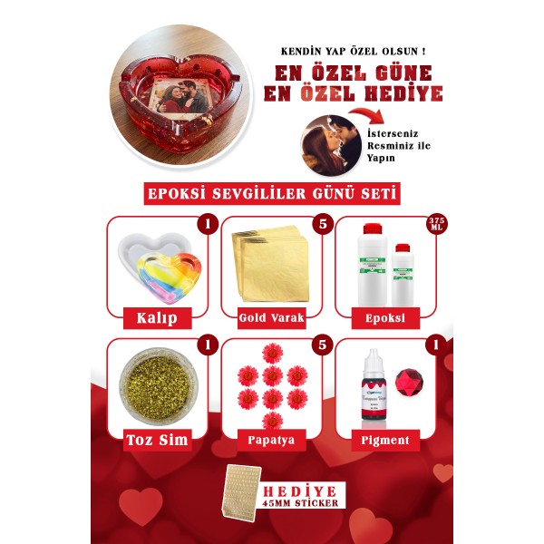 Sevgililer Günü Özel Set Kalp Küllük Epoksi Sevgililer Günü Seti Kendin Yap