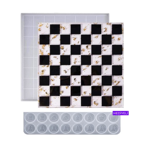 Epoksi Satranç Tahtası Kalıbı Silikon Orta Boy 18x18cm Taş Kalıbı Hediyeli