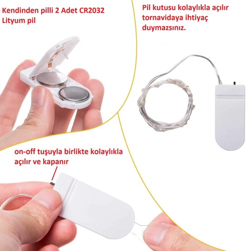 Epoksi Peri Led Tel Şerit Led Dekoratif Aydınlatma Saat Pilli Beyaz 2 Metre